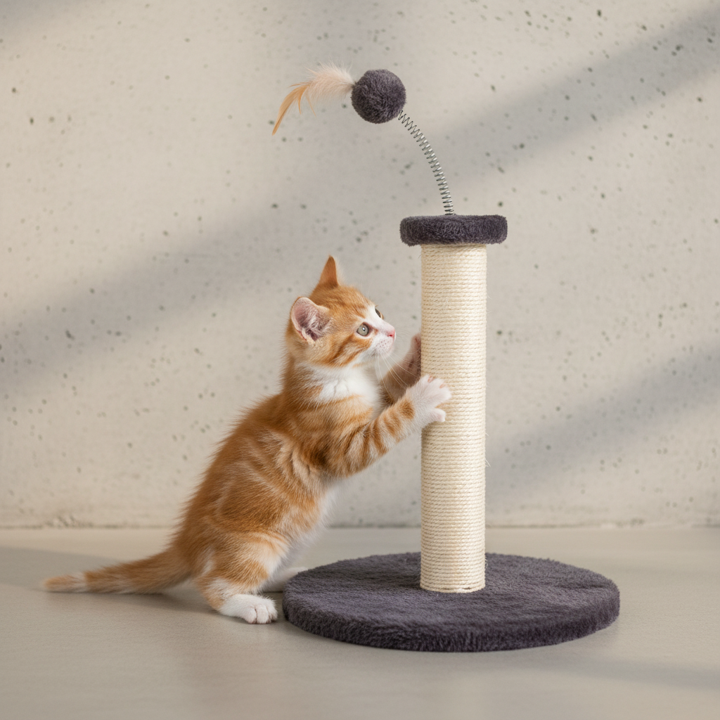 Orange and white kitten scratching the M-PETS Kitten Pom-Pom Cat Tree in grey with pom-pom toy