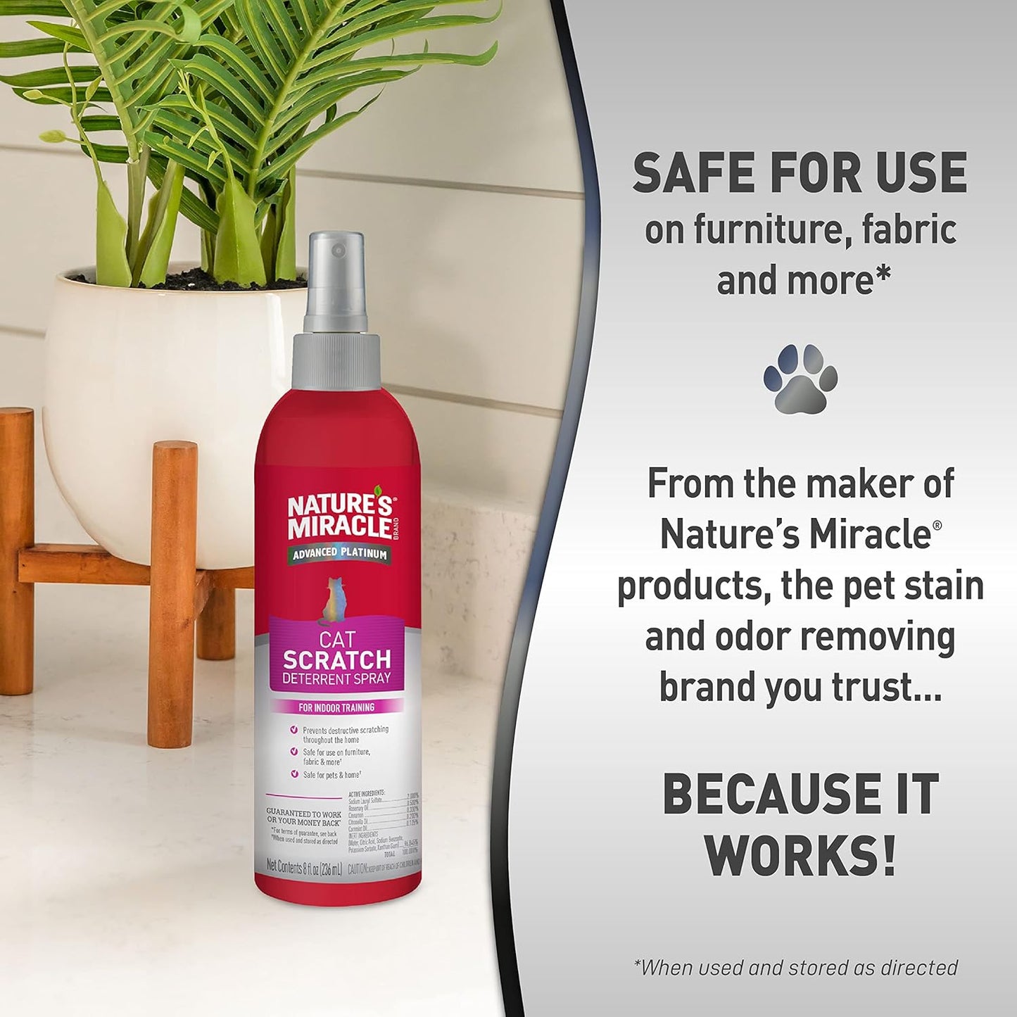 Nature’s Miracle Cat Scratch Deterrent shown for use on furniture, fabric and compatible household surfaces