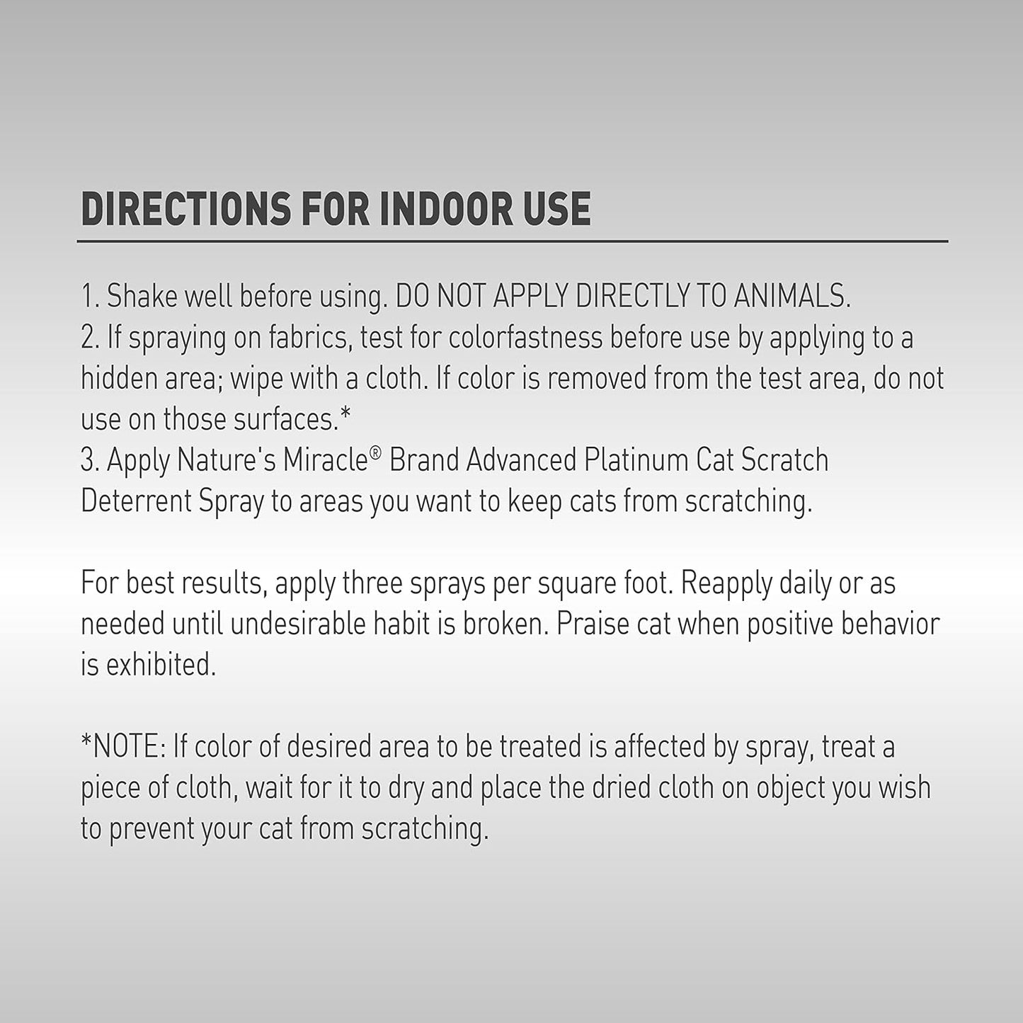 Indoor directions for Nature’s Miracle Cat Scratch Deterrent including three sprays per square foot