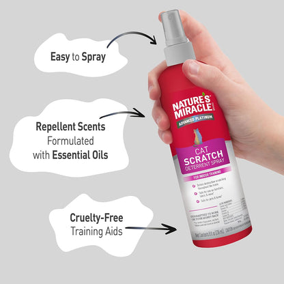 Nature’s Miracle Cat Scratch Deterrent easy-spray bottle with essential-oil repellent scent and cruelty-free training aid claims