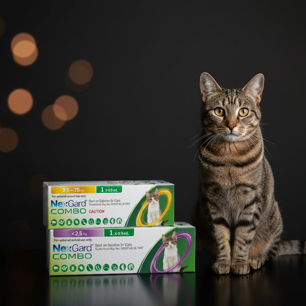 NexGard Combo Spot-On Solution for Cats boxes beside a tabby cat