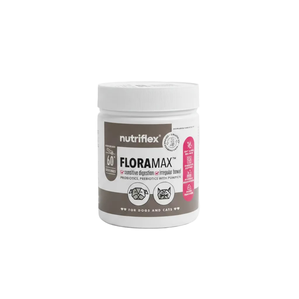 Nutriflex Floramax probiotics for pets on a wooden surface