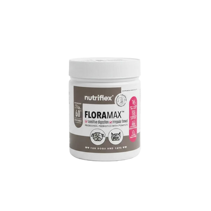 Nutriflex Floramax probiotics for pets on a wooden surface
