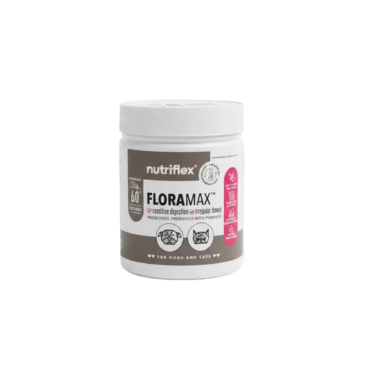 Nutriflex Floramax probiotics for pets on a wooden surface