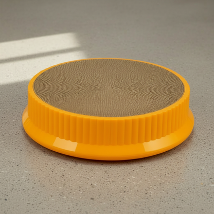 Round orange cat bed with cardboard center on a white background