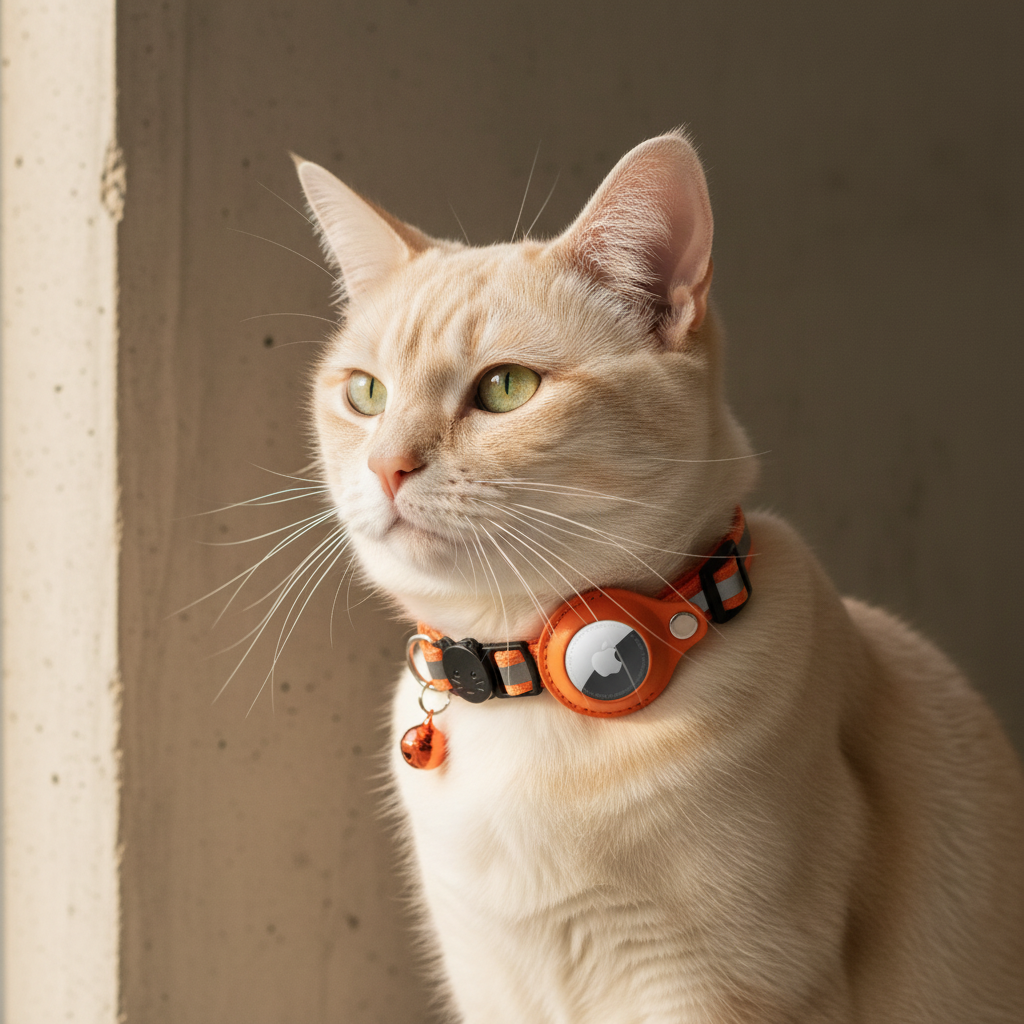Cream cat wearing an orange Airtag-compatible cat collar with tracker holder and bell, photographed indoors with warm natural light and a minimalist concrete backdrop.