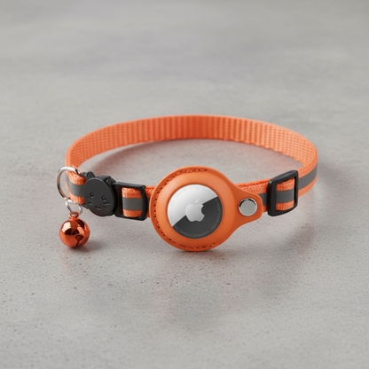 Orange AirTag-compatible cat collar with reflective strap, bell, buckle and tracker holder