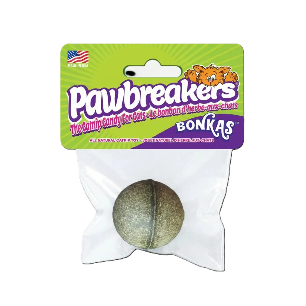 Pawbreakers Original catnip ball front packaging showing Bonkas catnip candy for cats