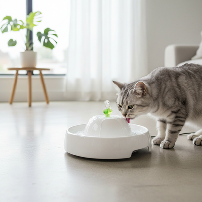 Cat drinking from Pawise Pet Water Fountain 1.1L with flowing filtered water
