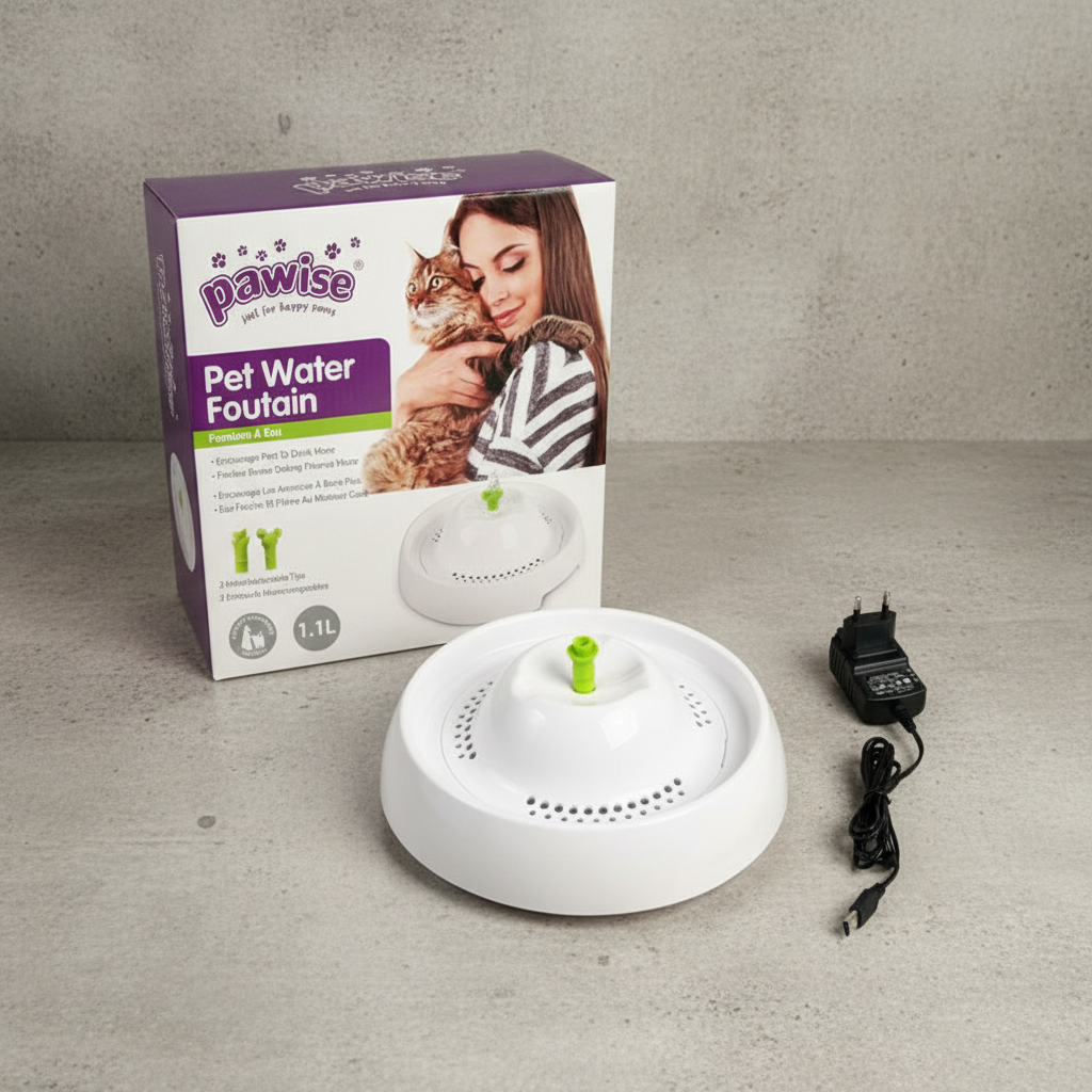 Pawise Pet Water Fountain 1.1L with power adapter and retail packaging