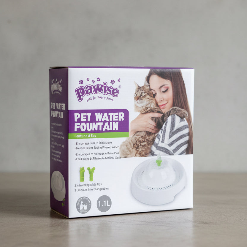 Pawise Pet Water Fountain 1.1L retail packaging for cats