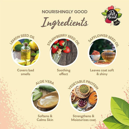 Pet Head Felin’ Good Spray ingredients including lemon seed oil, strawberry seed oil, safflower oil, aloe vera and vegetable protein