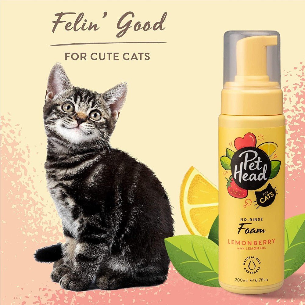 Pet Head Felin’ Good No-Rinse Foam 200ml with cat and lemonberry branding