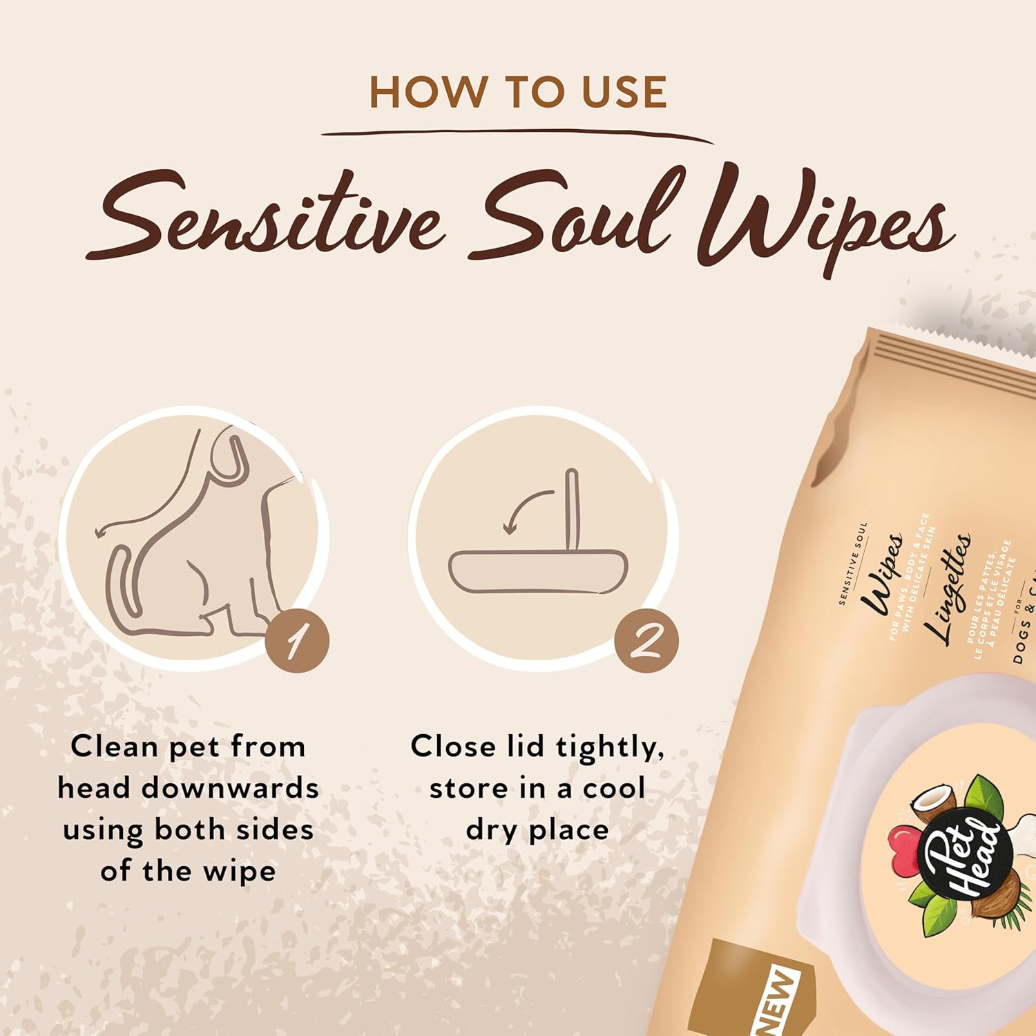 How to use Pet Head Sensitive Soul Wipes by wiping from head downwards and resealing the pack