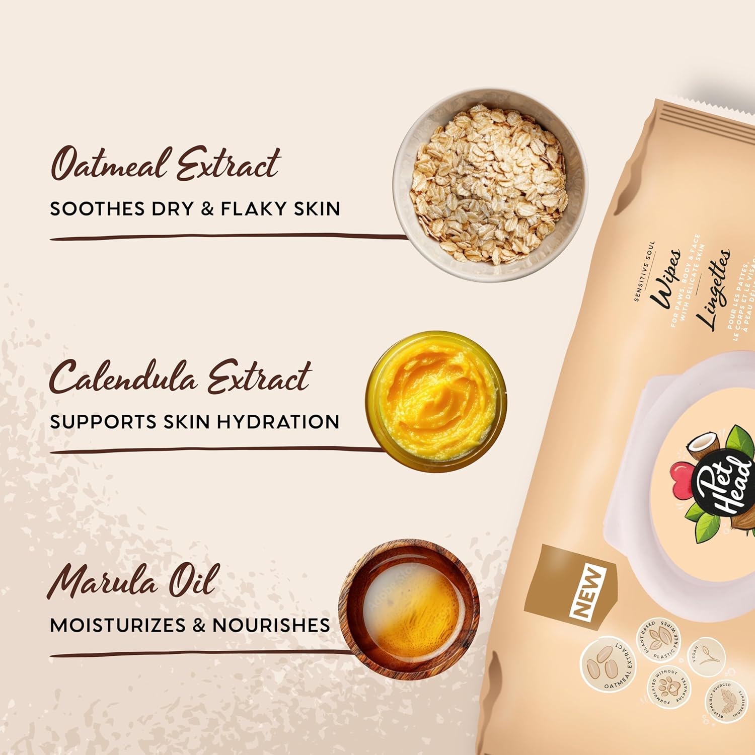 Pet Head Sensitive Soul Wipes ingredients highlighting oatmeal, calendula and marula oil