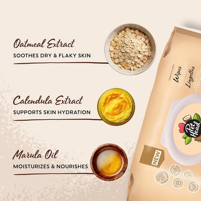 Pet Head Sensitive Soul Wipes ingredients highlighting oatmeal, calendula and marula oil