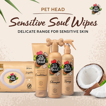 Pet Head Sensitive Soul grooming range for delicate sensitive skin including wipes, shampoo and spray