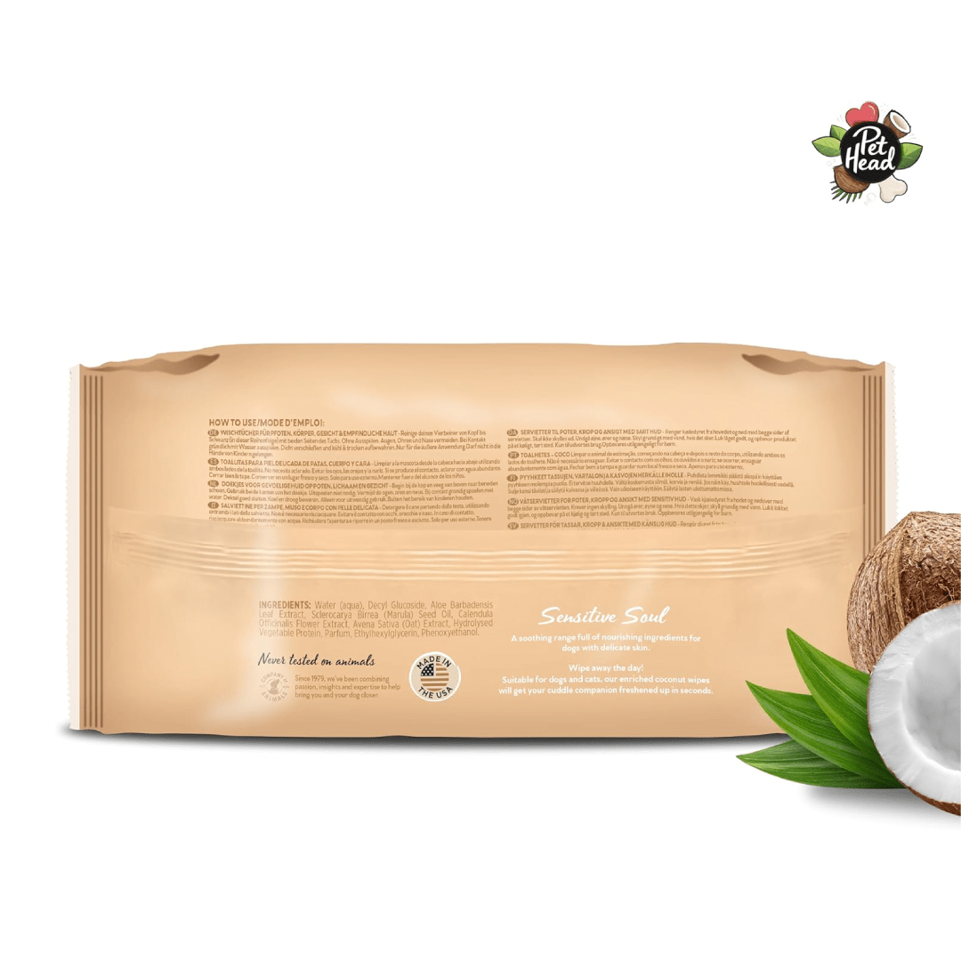 Back of Pet Head Sensitive Soul Wipes 100 pack showing product information