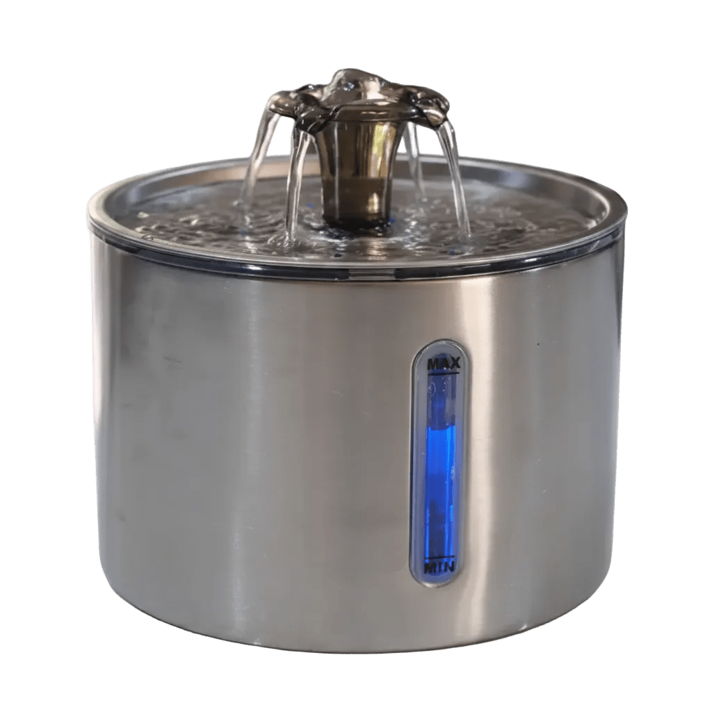 Stainless steel pet water fountain on a kitchen counter