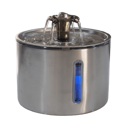 Stainless steel pet water fountain on a kitchen counter