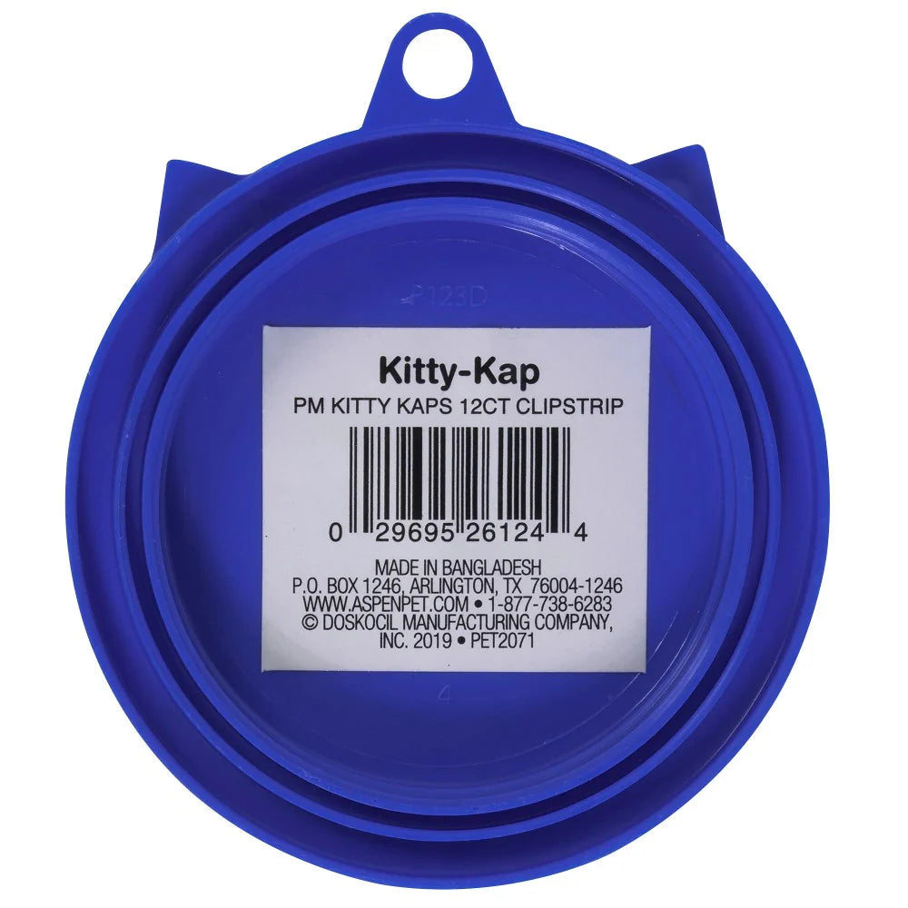 Petmate Kitty Caps blue pet food can topper showing barcode and product label