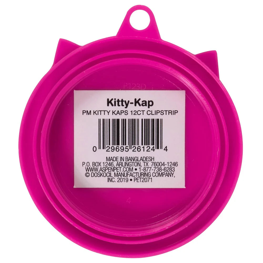 Petmate Kitty Caps pink pet food can topper showing barcode and product label