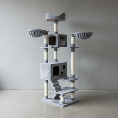 Cat tree tower with gray platforms, plush perches, sisal posts, and black cubby