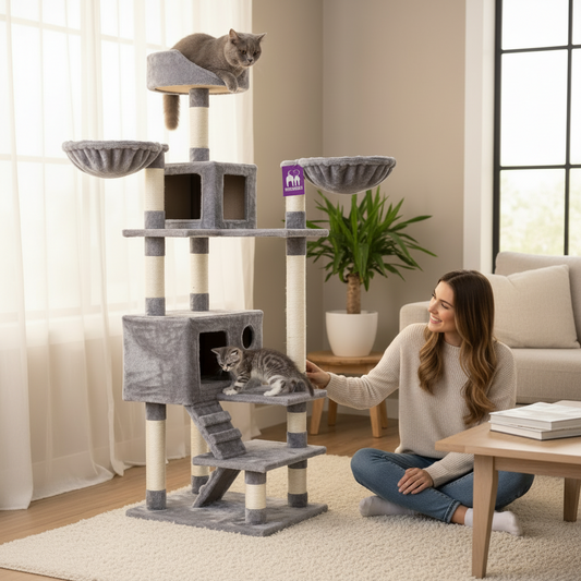 PetRebels Cleveland 175 grey cat tree in a living room with cats using the raised beds and hideaway