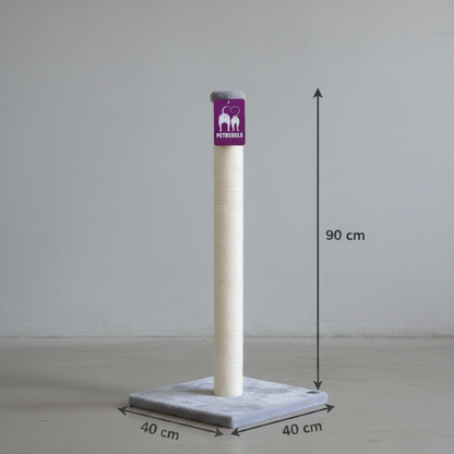 PetRebels Maine 90 grey cat scratching post size guide showing 90 cm height and 40 x 40 cm base dimensions