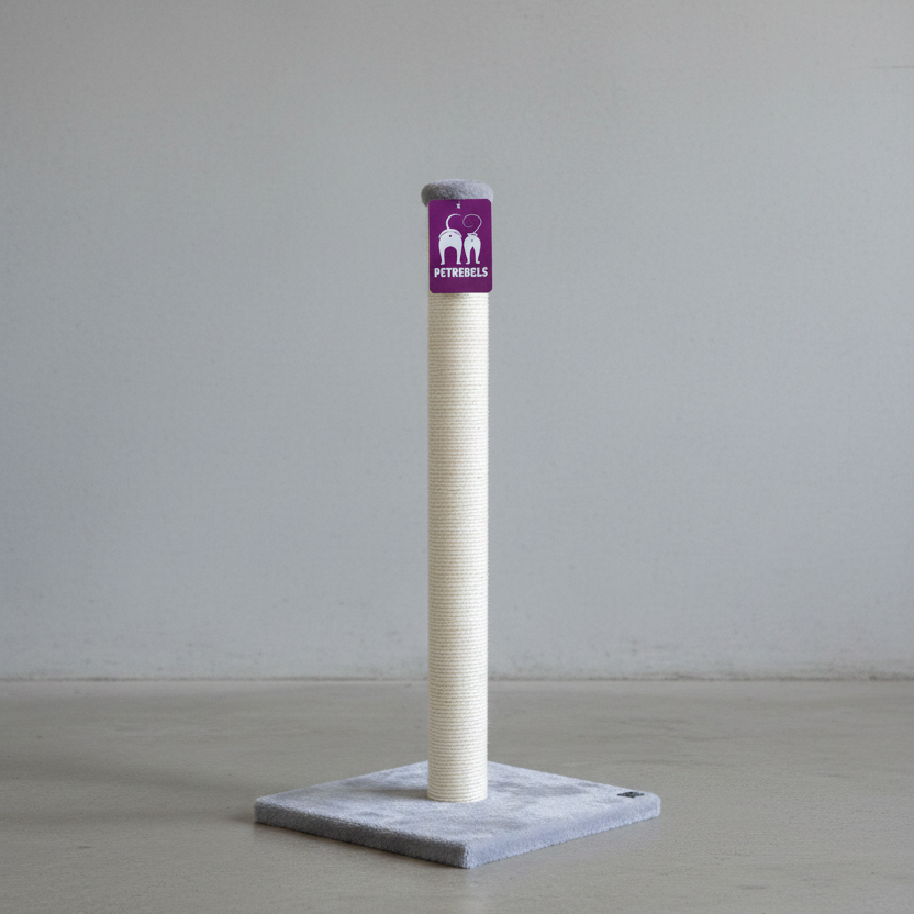 PetRebels Maine 90 grey cat scratching post with square base and tall vertical scratching pole on a cement background