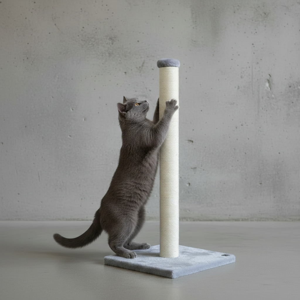 A grey cat scratches a PetRebels Maine 90 grey cat scratching post 