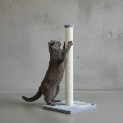 A grey cat scratches a PetRebels Maine 90 grey cat scratching post 