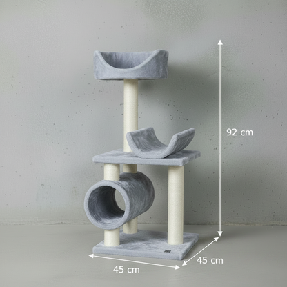PetRebels Portland 92 grey cat tree size guide showing 92 cm height and 45 x 45 cm base dimensions