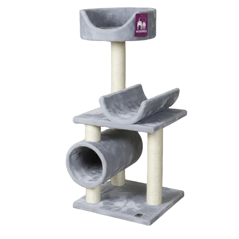 PetRebels Portland 92 grey cat tree with top sofa, relax sofa, cuddle tunnel and scratching posts