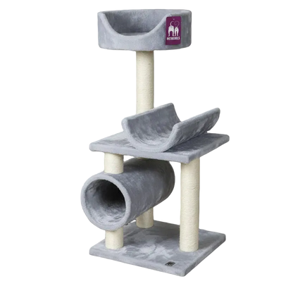 PetRebels Portland 92 grey cat tree with top sofa, relax sofa, cuddle tunnel and scratching posts