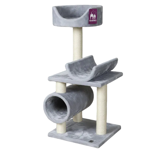 PetRebels Portland 92 grey cat tree with top sofa, relax sofa, cuddle tunnel and scratching posts