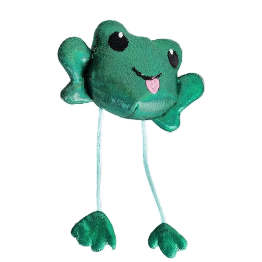 Petstages Toss 'N Dangle Frog catnip cat toy with dangling legs and interactive ribbit sound