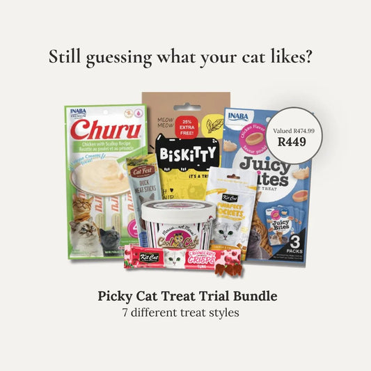 Cat treat trial bundle with multiple flavor packages and small treat tubs