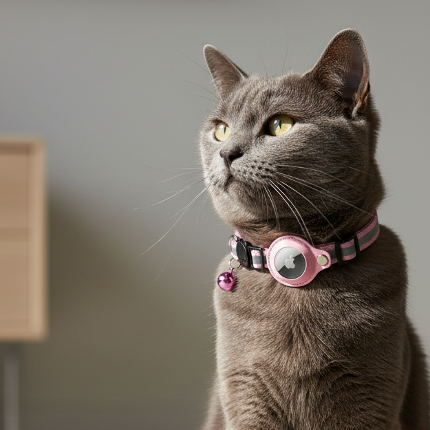 Grey cat wearing a pink Airtag-compatible cat collar with tracker holder and bell, photographed in a modern interior with soft natural lighting.