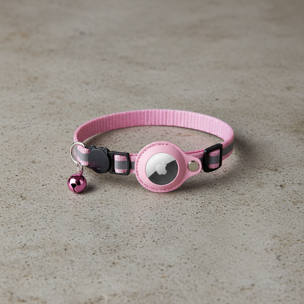Pink AirTag-compatible cat collar with reflective strap, bell, buckle and tracker holder.