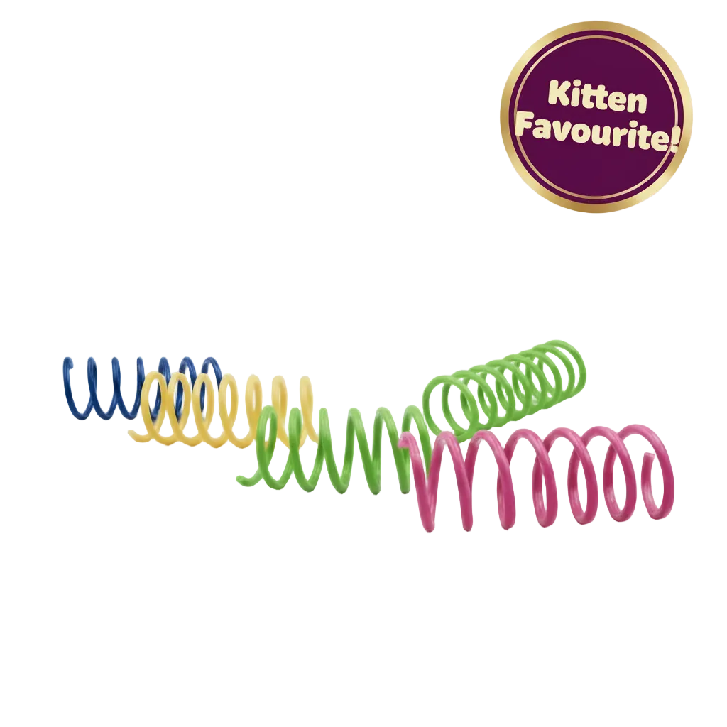 Plastic spring cat toy pack with colorful coils and a Kitten Favourite badge.