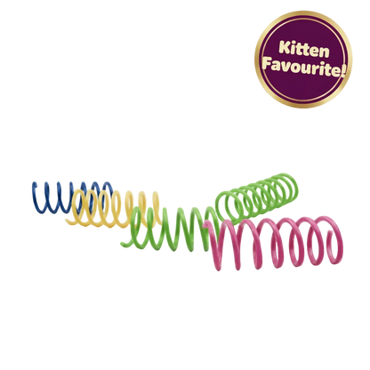 Plastic spring cat toy pack with colorful coils and a Kitten Favourite badge.