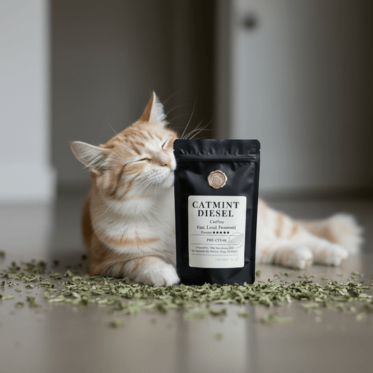 Catmint Diesel catnip pouch beside orange cat with dried catnip sprigs