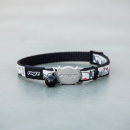 Rogz ReflectoCat Safety Collar in Black showing full adjustable reflective cat collar with bell and breakaway safety buckle