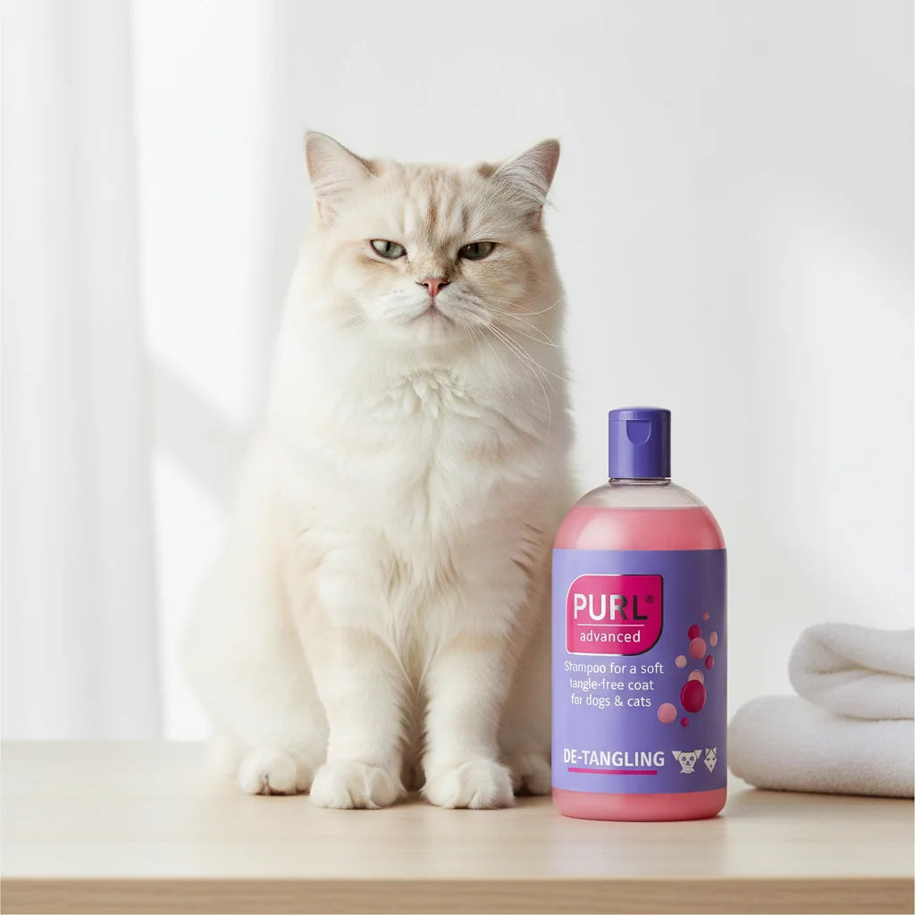 PURL Advanced De-Tangling Shampoo 250ml beside a long-haired cream cat for tangle-prone coat care