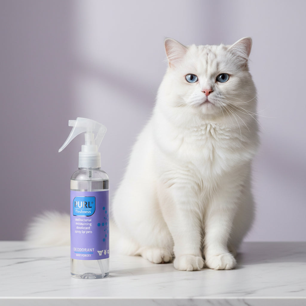 PURL Freshness Deodorant Spray Original Baby Powder 200ml beside a white cat for coat freshening