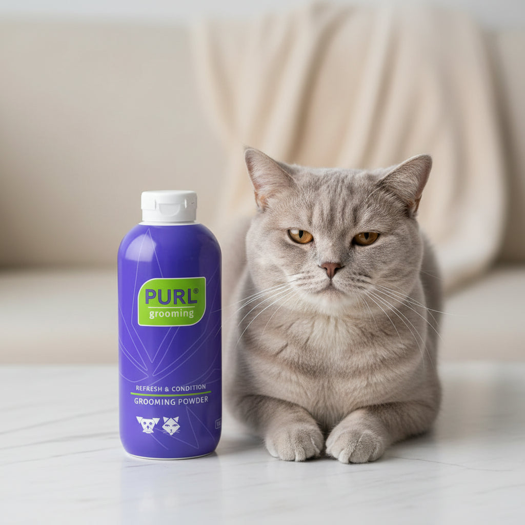 PURL Grooming Powder 100g beside a grey cat for waterless coat freshening between baths