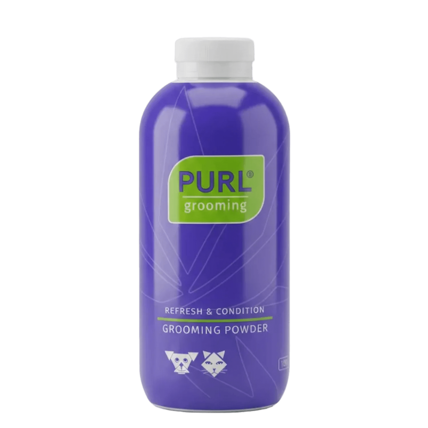PURL grooming powder bottle front view, purple bottle with green label and white cap