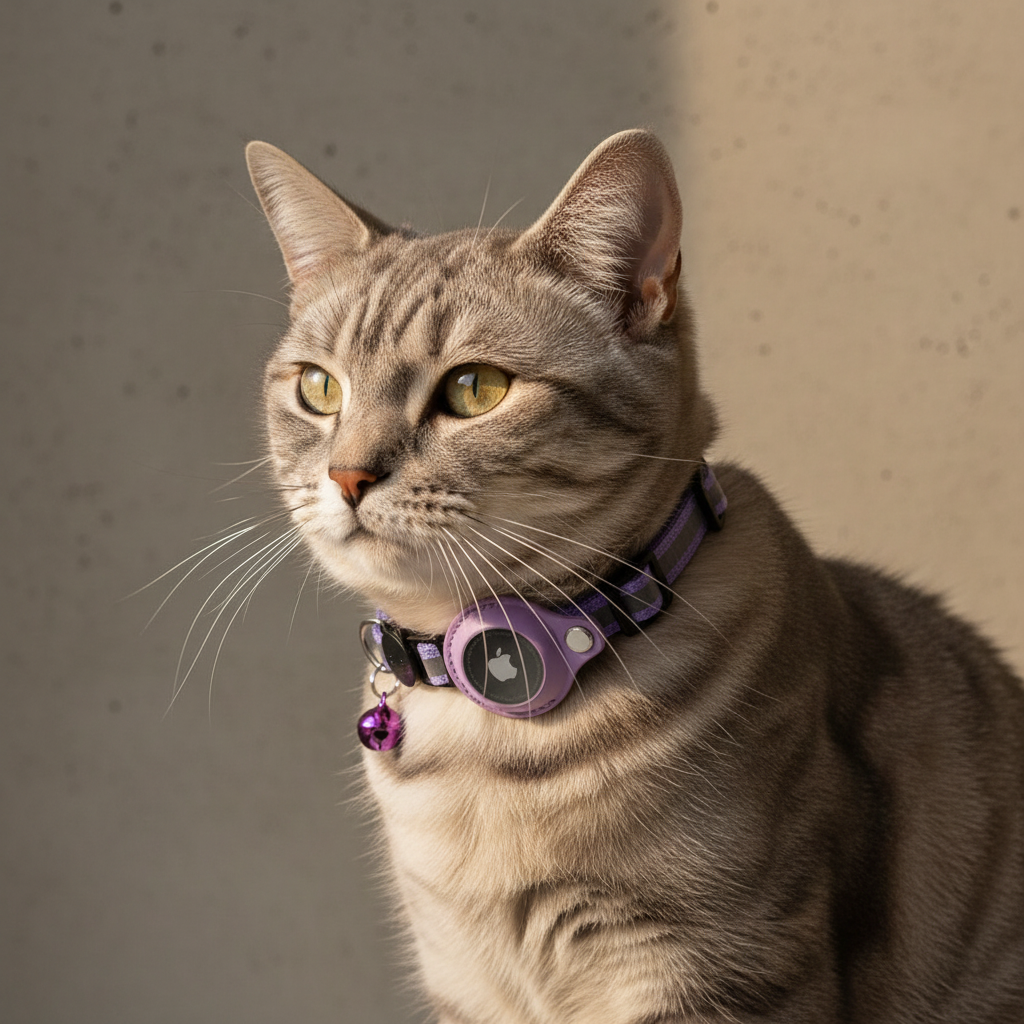 Purple Airtag-Compatible Cat Collar
Grey cat wearing a purple Airtag-compatible cat collar with tracker holder and bell, photographed in soft natural light against a modern cement background.