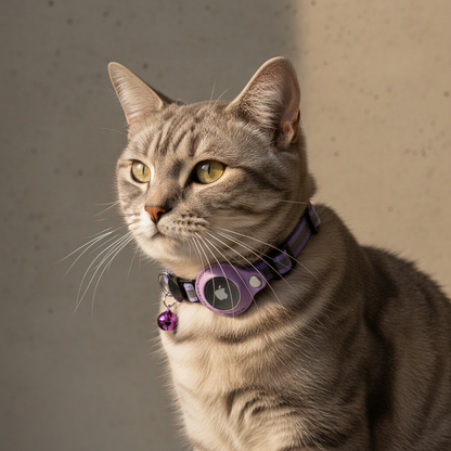 Purple Airtag-Compatible Cat Collar
Grey cat wearing a purple Airtag-compatible cat collar with tracker holder and bell, photographed in soft natural light against a modern cement background.